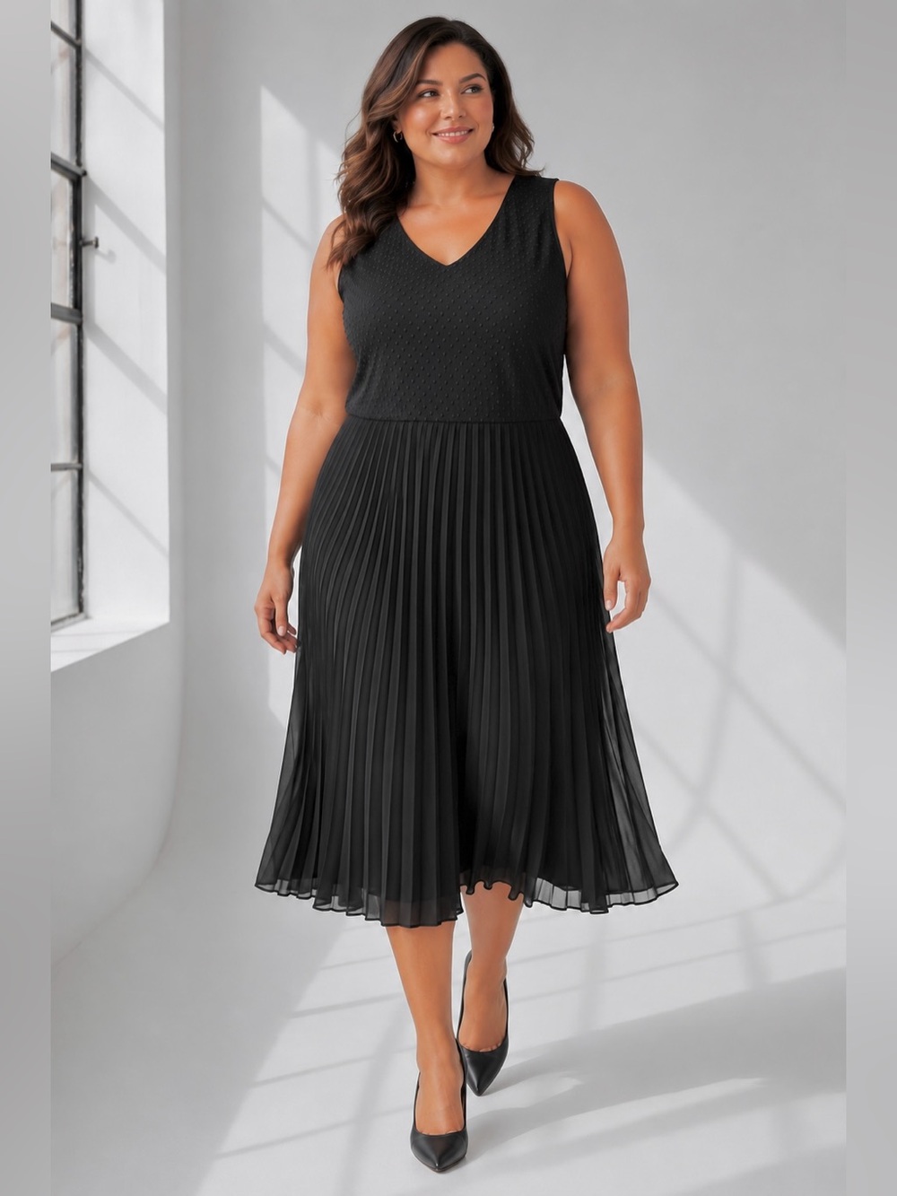 Alfani Black Sleeveless Swiss Dot Pleated Dress Size 16